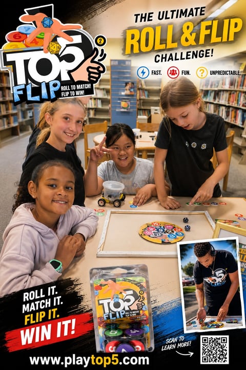 Top Flip game box featuring four smiling children playing with colorful spinner toys on a table in a library setting