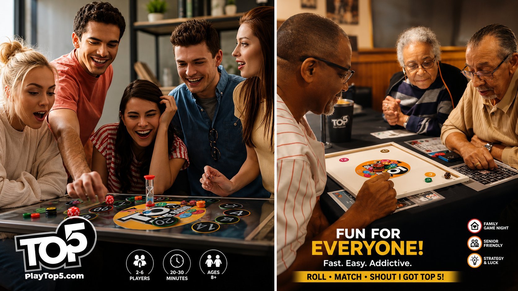 Group of young adults playing board game together on left; older adults playing game on right with Fun For Everyone text overlay