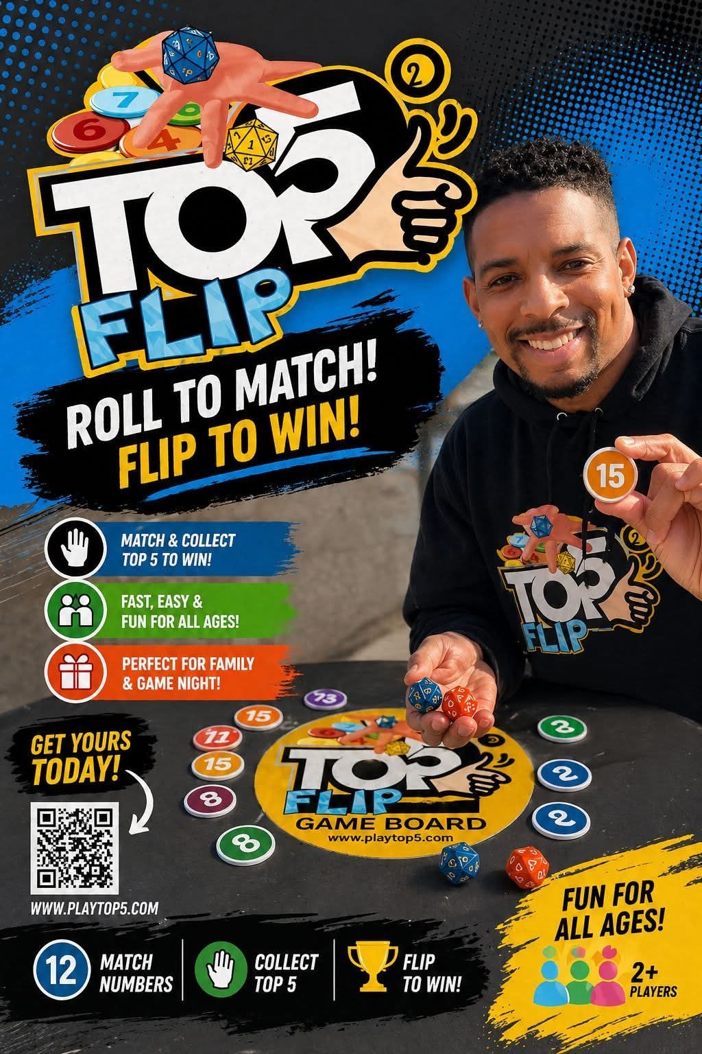 Man holding dice next to Top Flip board game with colorful tokens, promoting Roll to Match and Flip to Win gameplay mechanics