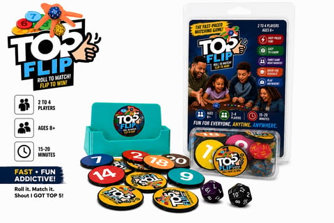 Top Flip card game product display showing colorful discs, game box, and turntable launcher for ages 8 and up