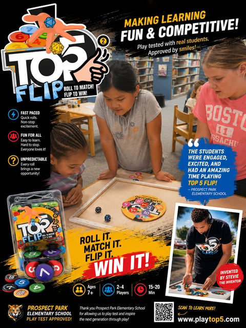 Top 5 Flip board game advertisement showing children playing and spinning discs with game components and marketing text about making learning fun
