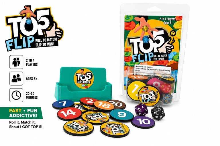 Top Flip card game components including packaging, game cards, dice, and colorful game tokens displayed on teal card holder