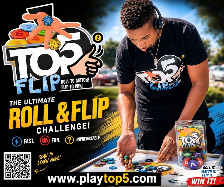 Man demonstrating Top 5 Flip action figure game, with colorful logo and packaging visible, promoting Roll and Flip challenge at playtop5.com